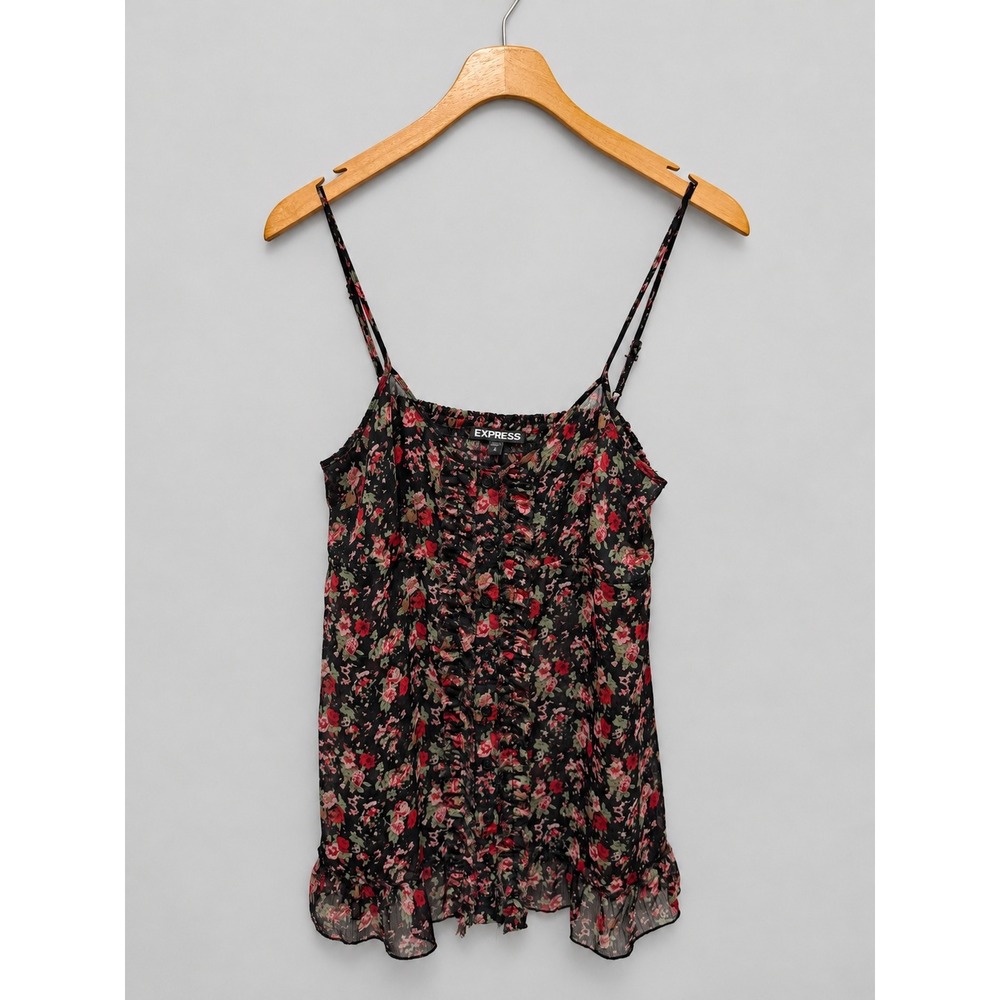 Express Womens Floral Ruffle Camisole Top Black Size S Whimsygoth Romantic Y2K
